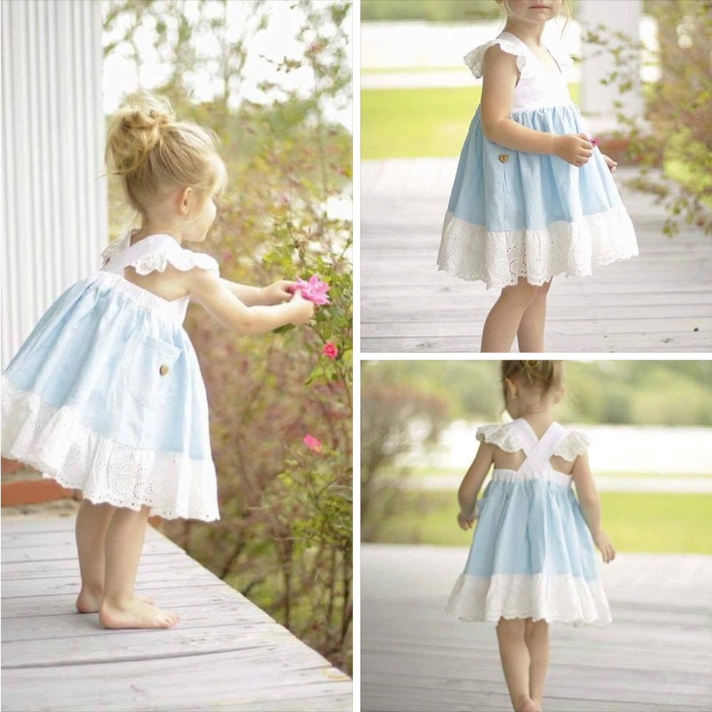 Belle Amour Petite 5t Linen Blue and White Kids Dress